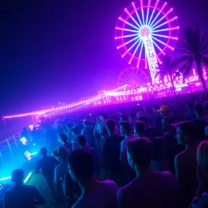 Crowd enjoying Kaskade's Sun Soaked Festival at Huntington Beach