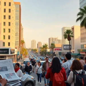 A vibrant city scene in Los Angeles depicting the launch of a new publication