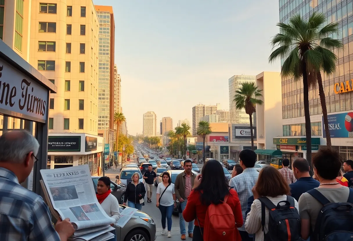 A vibrant city scene in Los Angeles depicting the launch of a new publication