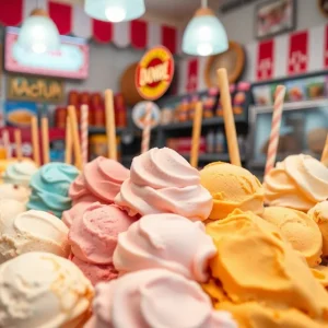 Variety of Thrifty Ice Cream flavors displayed in a vibrant ice cream shop.