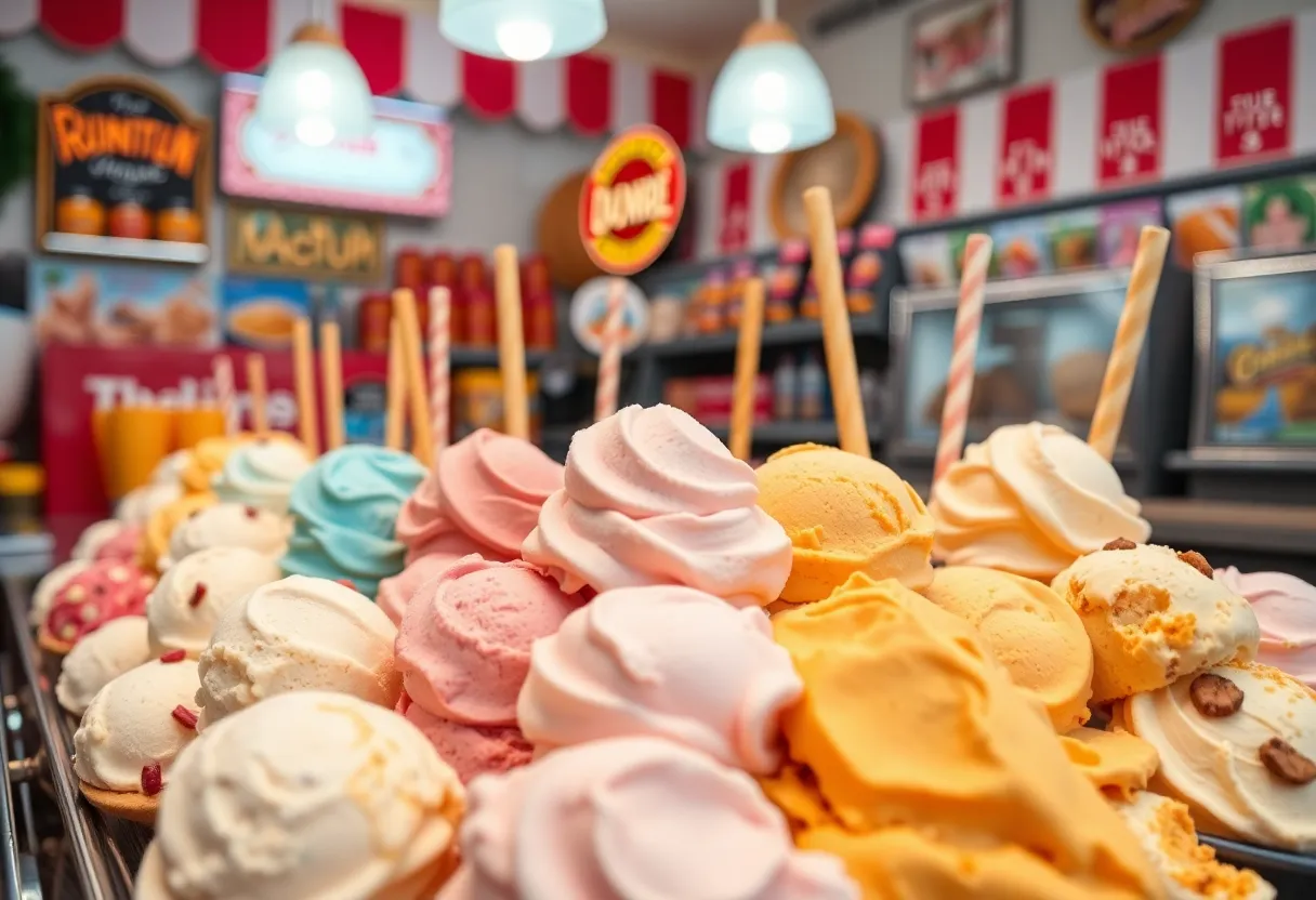 Variety of Thrifty Ice Cream flavors displayed in a vibrant ice cream shop.