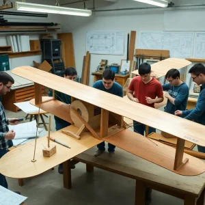 Students collaborating on a biplane replica project at UCI