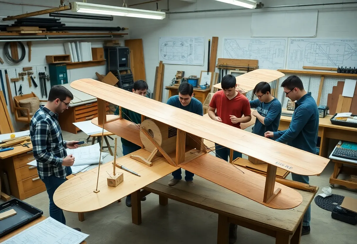 Students collaborating on a biplane replica project at UCI
