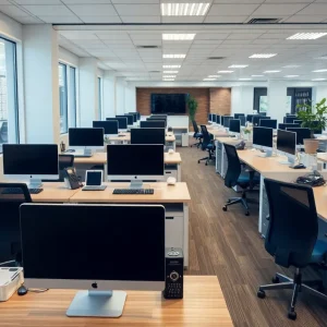 Empty desks representing unused office space in California