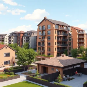 A rendering of the Victoria Place housing development in Costa Mesa showcasing various residential units and open spaces.