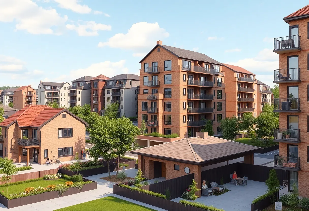 A rendering of the Victoria Place housing development in Costa Mesa showcasing various residential units and open spaces.