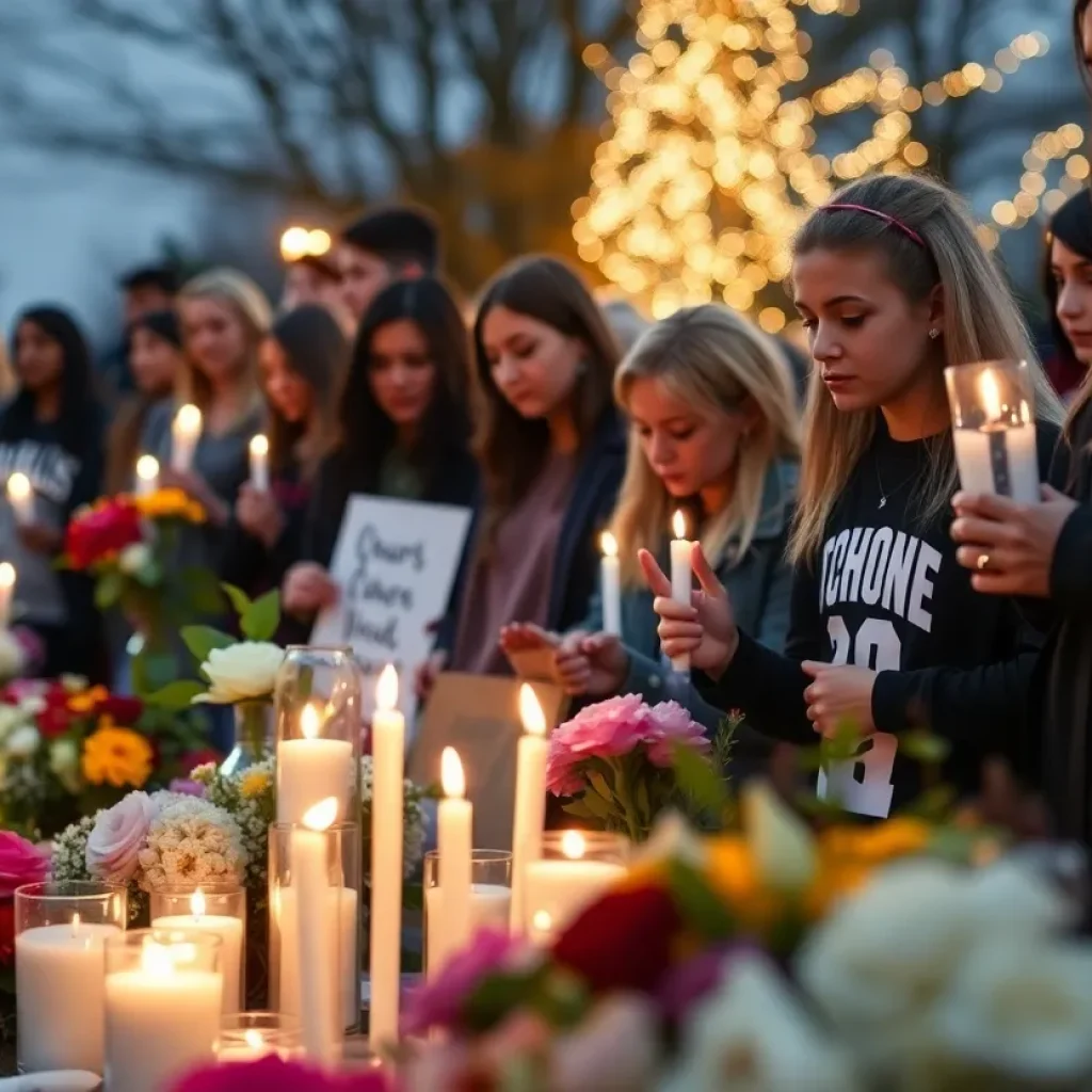 Community gathering with candles and flowers in remembrance of a young athlete.