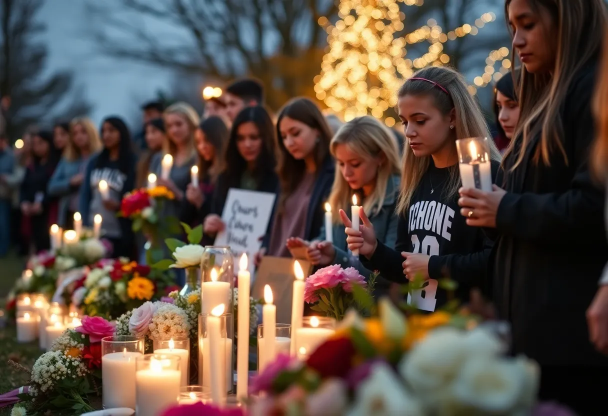 Community gathering with candles and flowers in remembrance of a young athlete.