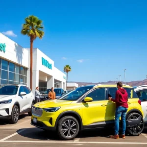 VinFast San Diego dealership with customers and electric SUVs