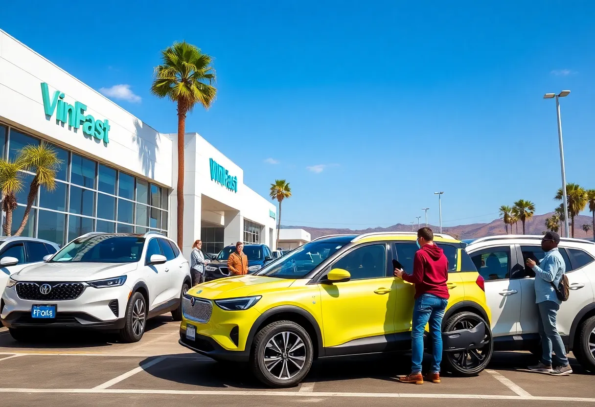 VinFast San Diego dealership with customers and electric SUVs