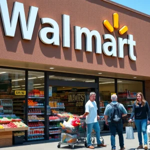 Walmart store displaying various grocery products with price labels.