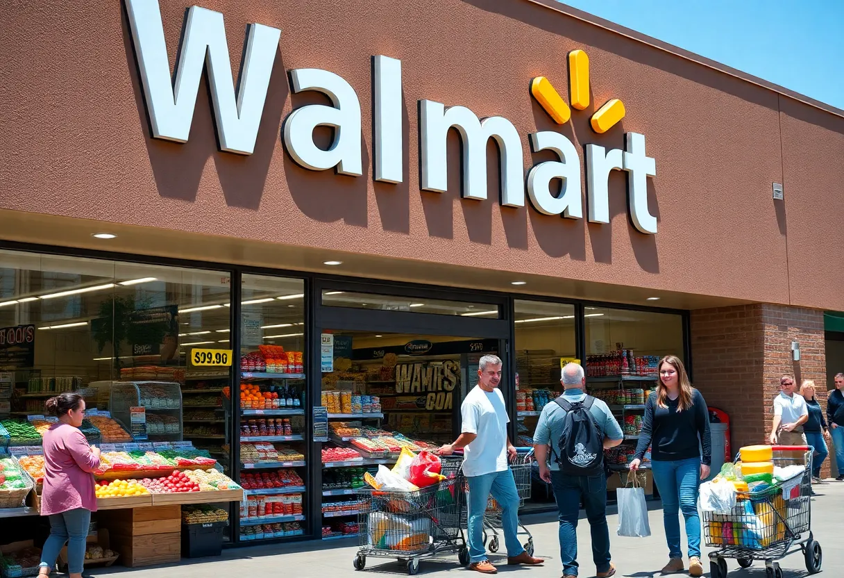 Walmart store displaying various grocery products with price labels.