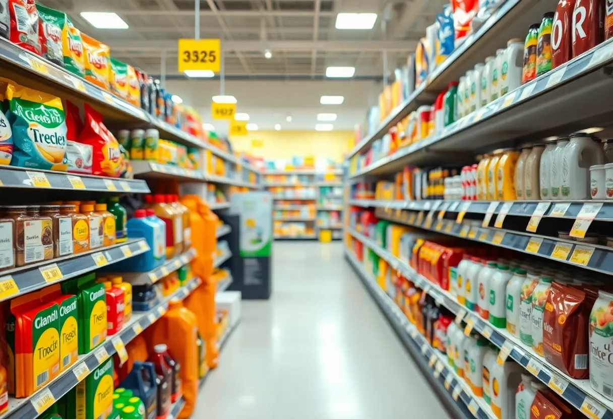 Interior of a Walmart store with displays of products and visible price tags.