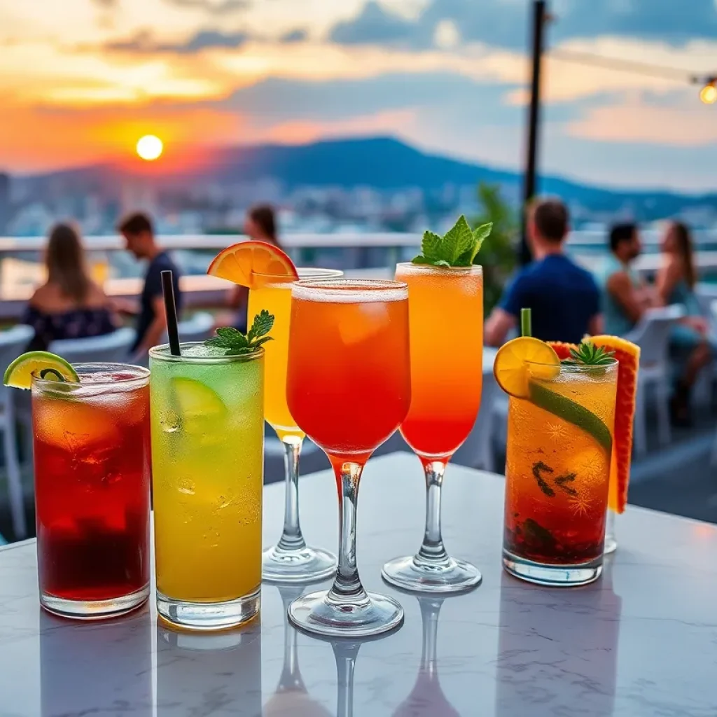 Healthy cocktails with wellness ingredients on a rooftop bar.