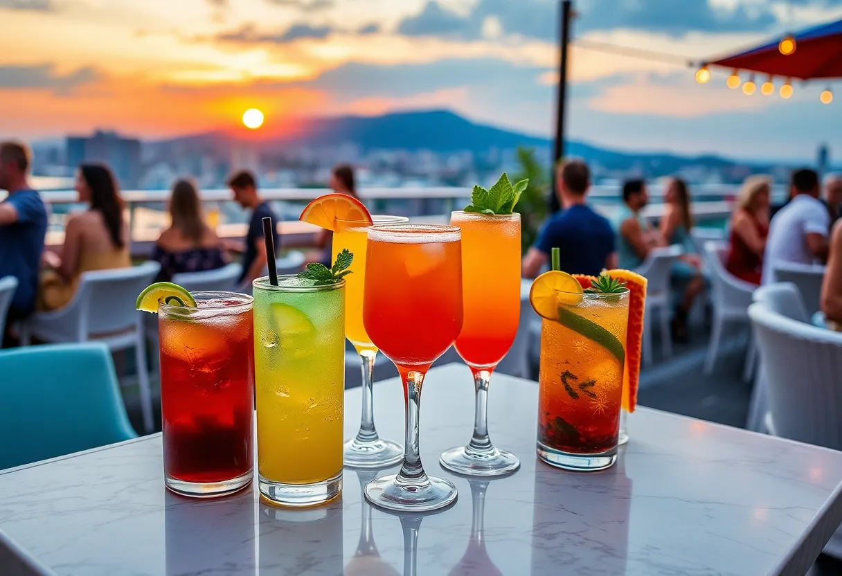 Healthy cocktails with wellness ingredients on a rooftop bar.