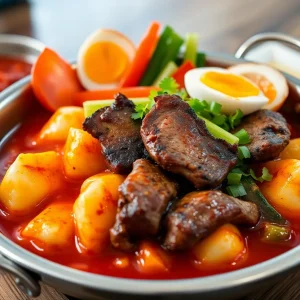 Plate of tteokbokki with brisket at Young Dabang