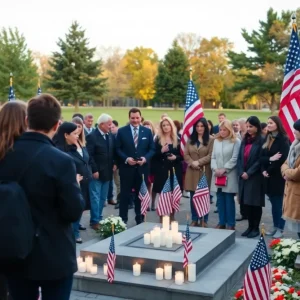 Community gathered for a 9/11 remembrance ceremony with flags and candles.