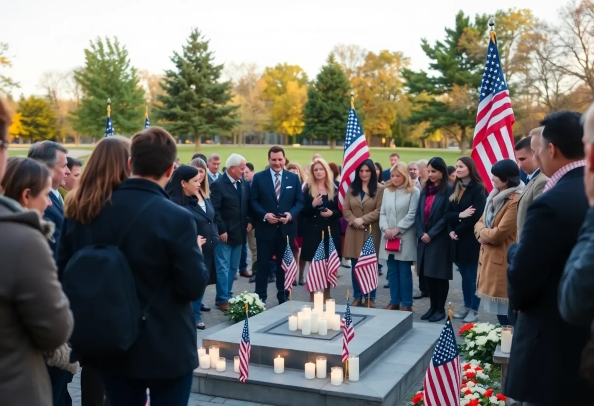 Community gathered for a 9/11 remembrance ceremony with flags and candles.