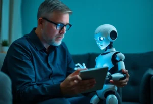 Parent observing child using chatbot, illustrating AI safety concerns.