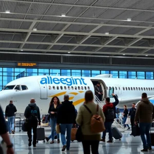 Allegiant Travel airplane at the airport with travelers boarding.