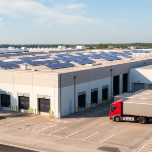 Anduril Industries facility with solar panels and loading docks