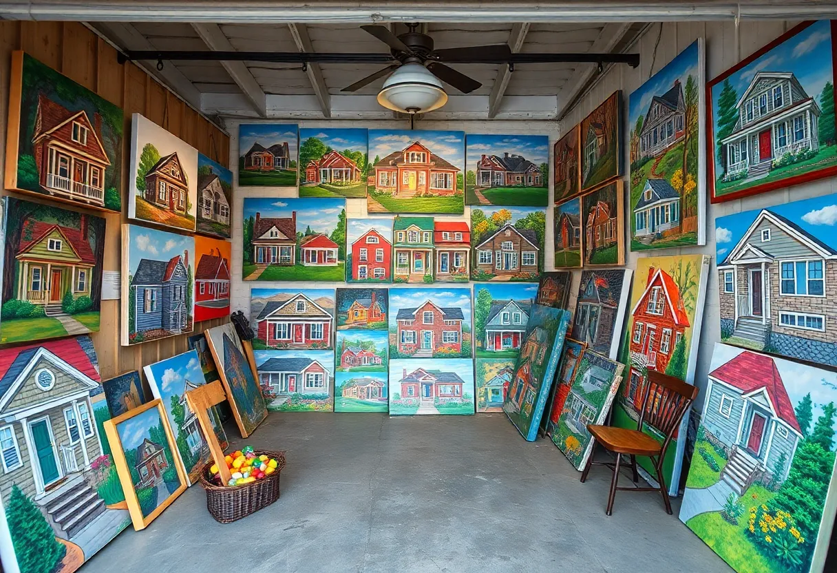 Art gallery showcasing portraits of homes lost in wildfires.