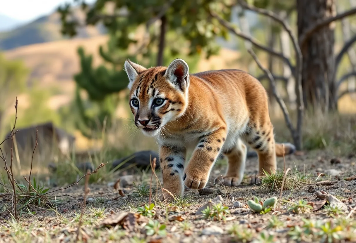 A baby mountain lion cub exploring its natural habitat in Orange County.