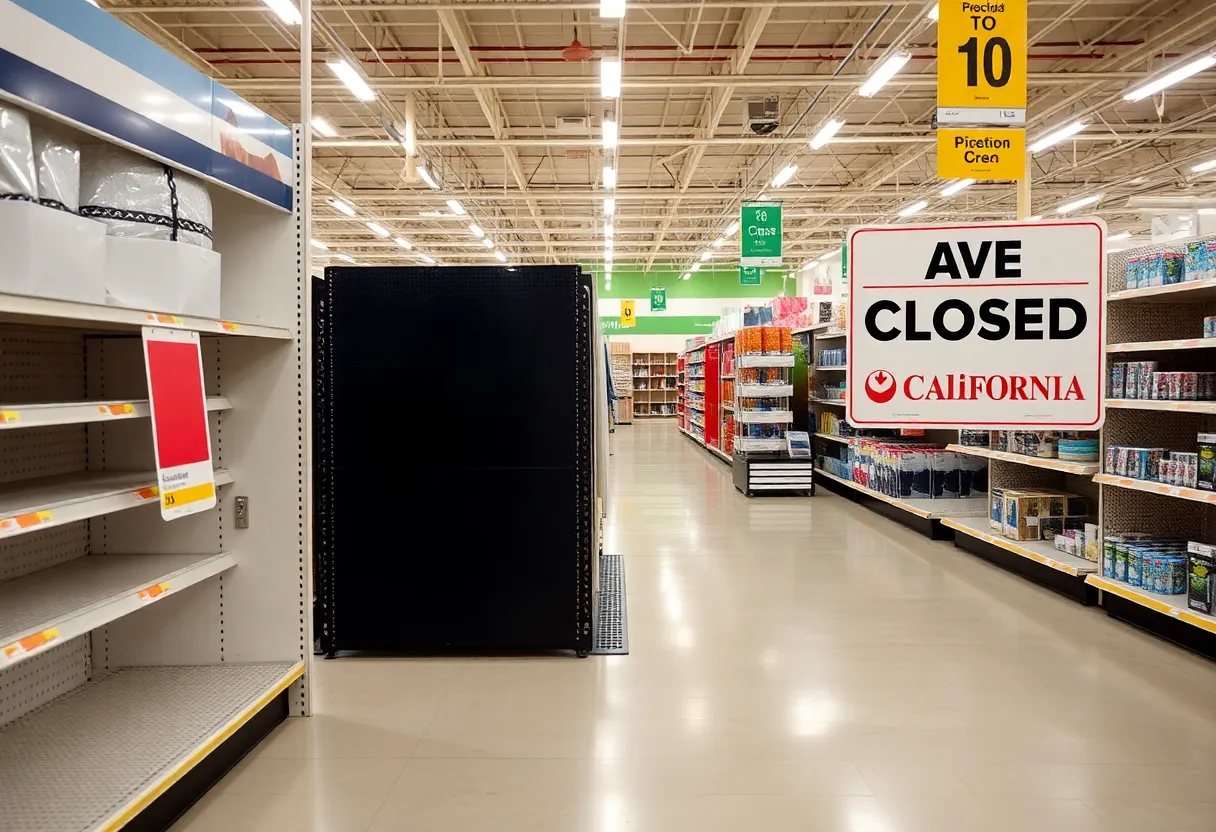 Empty Bed Bath & Beyond store aisle representing closure in California
