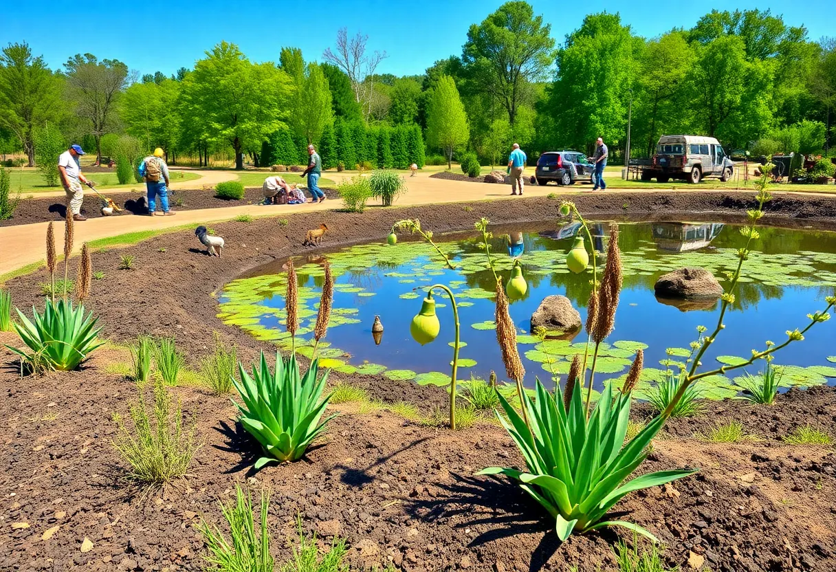 Restoration work in Big Canyon Park showcasing native plant seeding and pond transformation.