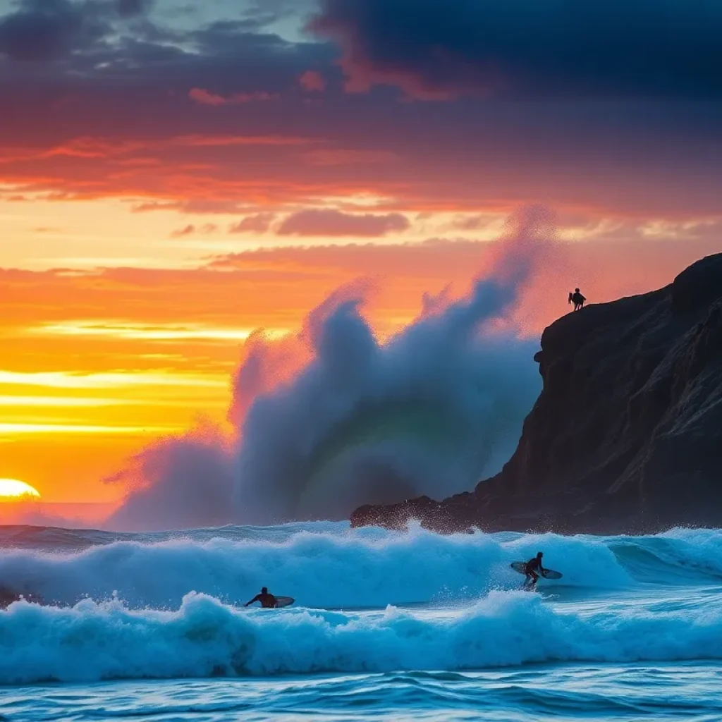 Surfers navigating massive ocean waves at sunset.
