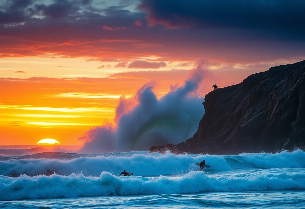 Surfers navigating massive ocean waves at sunset.