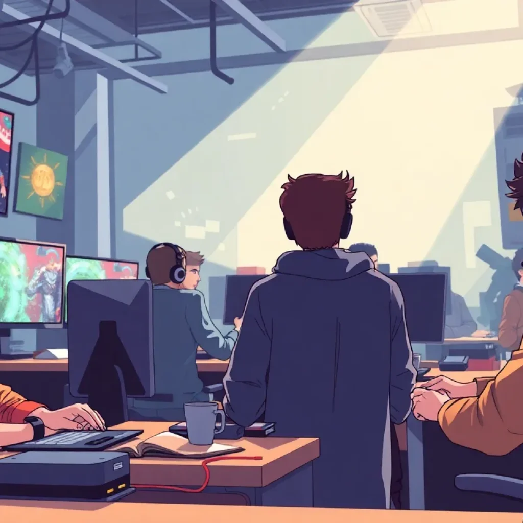 Inside view of a video game studio with employees working together