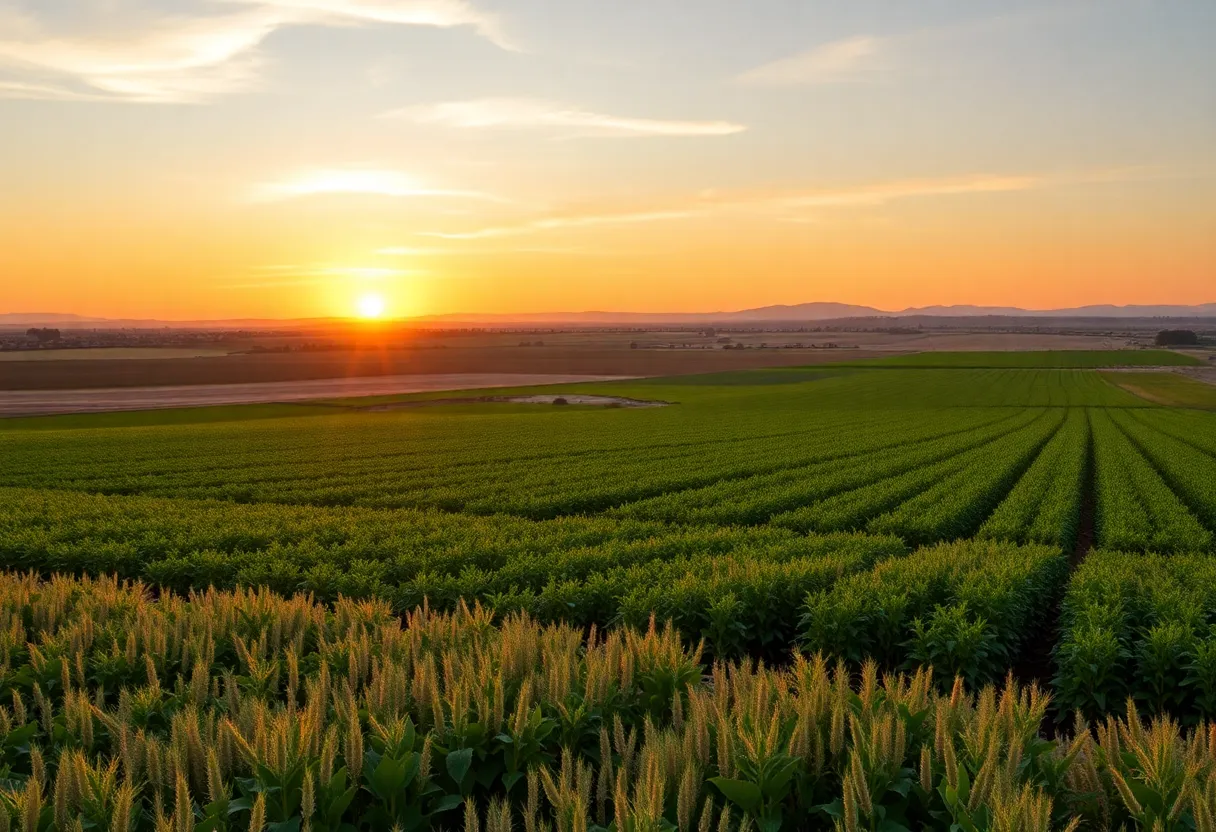 California farmland at sunset, representing agricultural challenges.