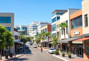 A view of a busy California business district showcasing economic activity.