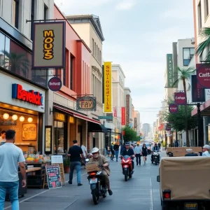 A bustling scene depicting various businesses in California.