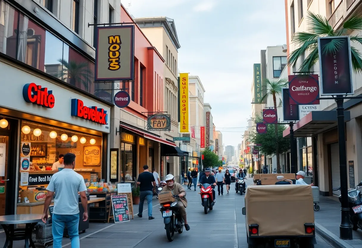 A bustling scene depicting various businesses in California.