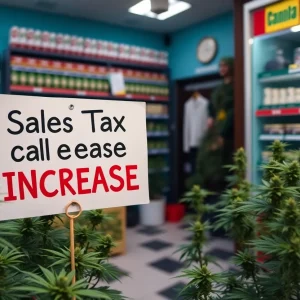 Cannabis dispensary in California with a tax increase sign