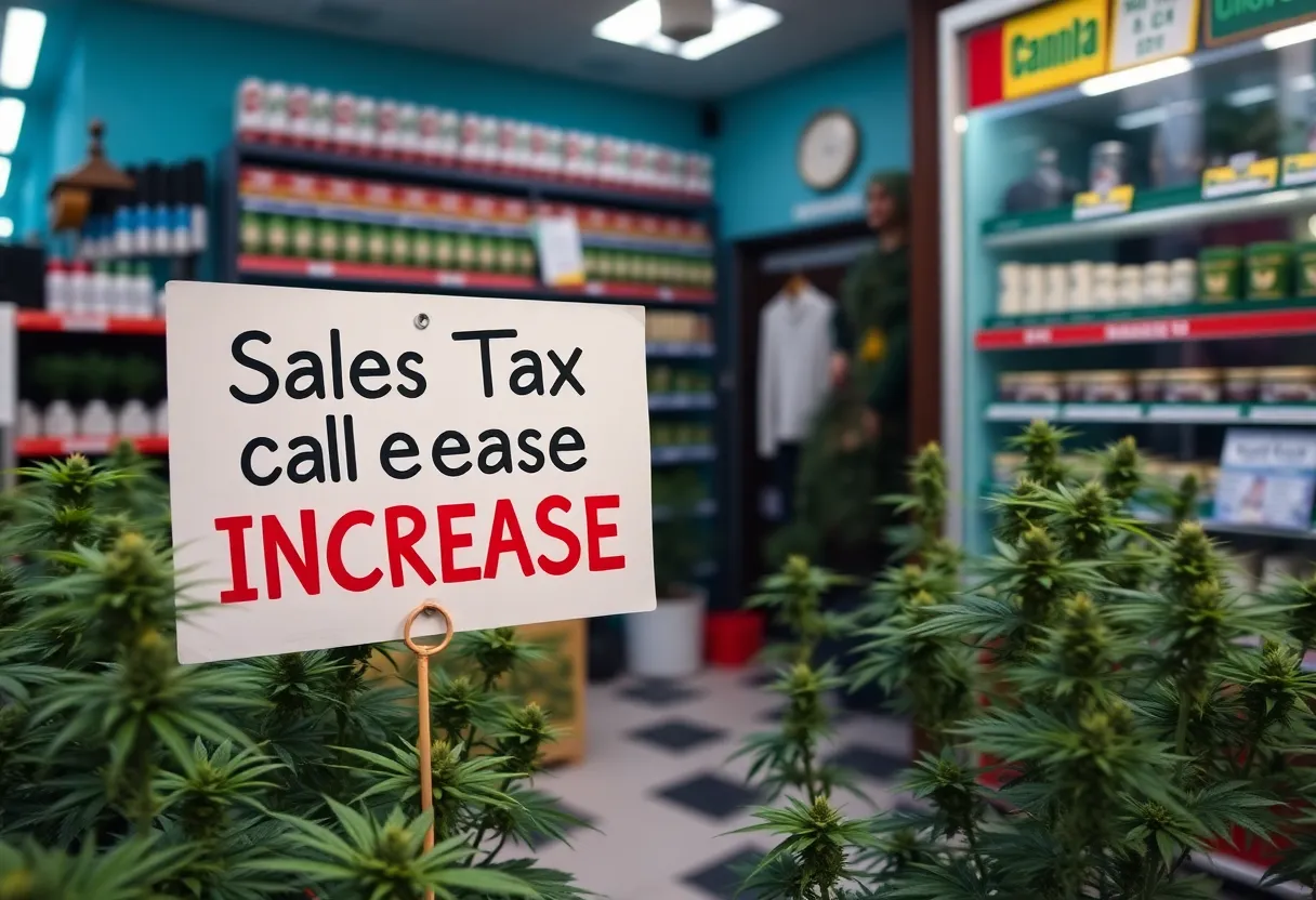 Cannabis dispensary in California with a tax increase sign
