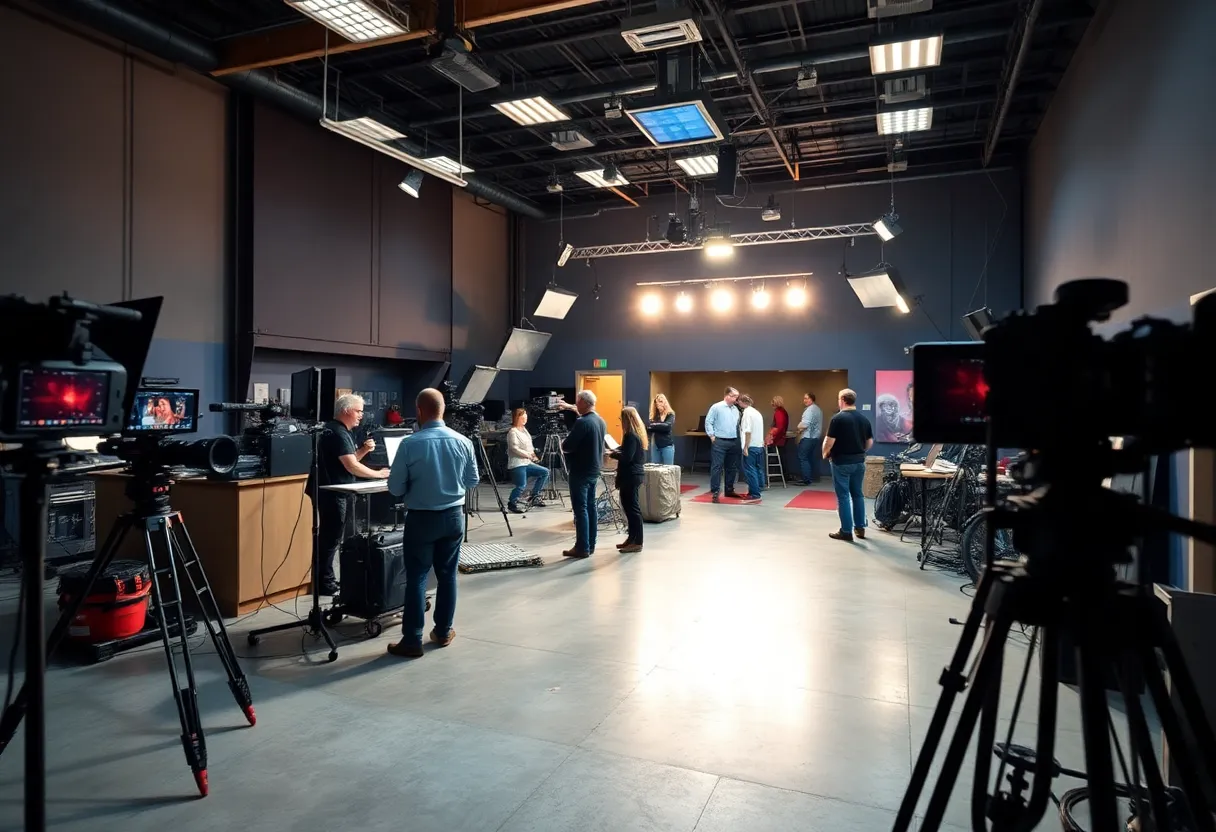 California film studio scene with crew and production equipment