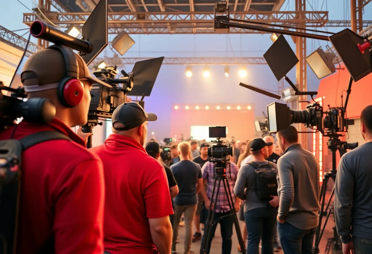 Film crew working on a set in California
