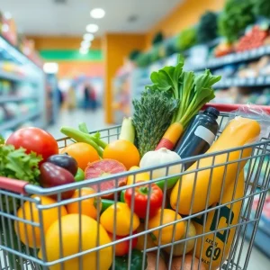Shopping cart filled with groceries in a California supermarket.