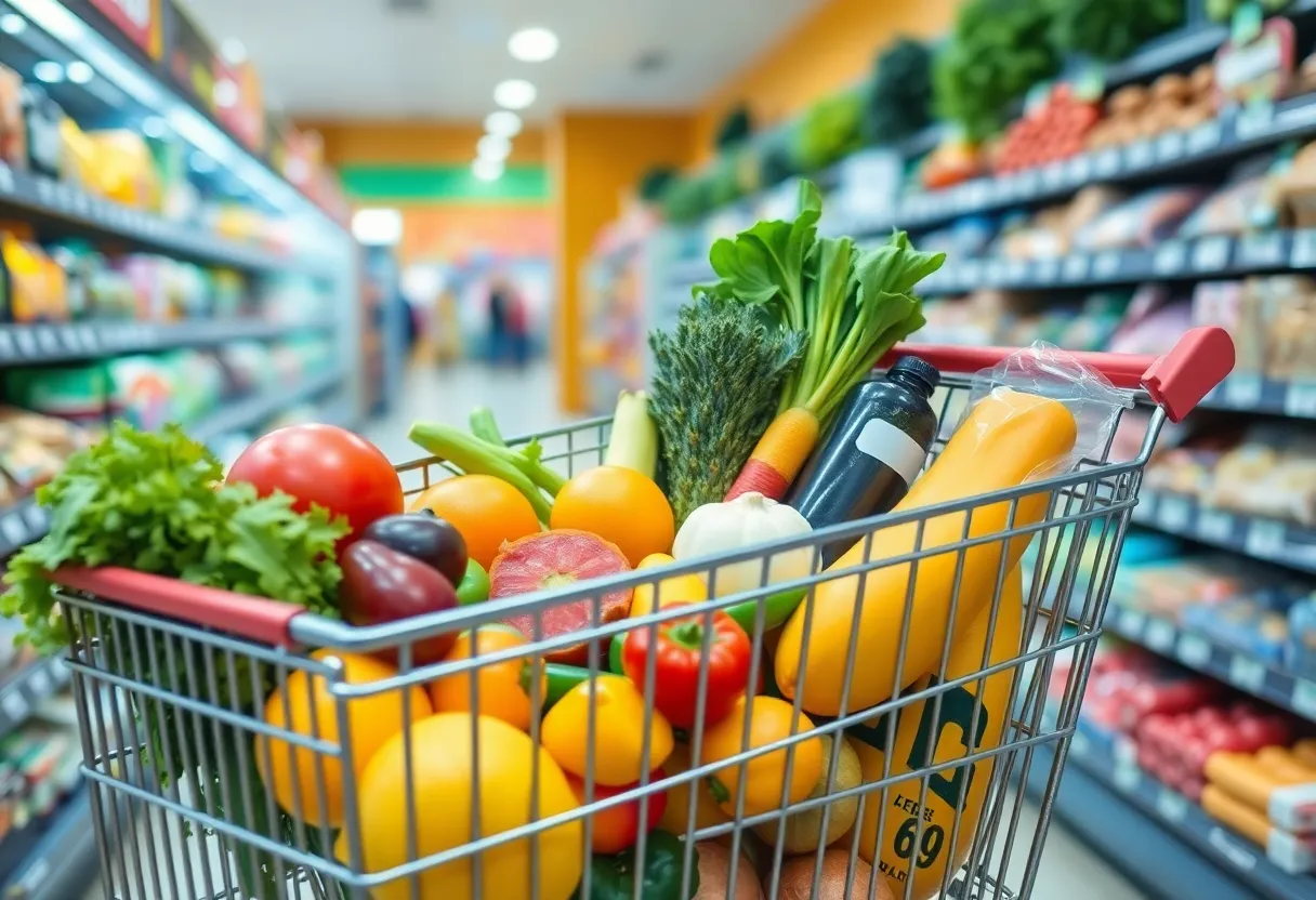 Shopping cart filled with groceries in a California supermarket.