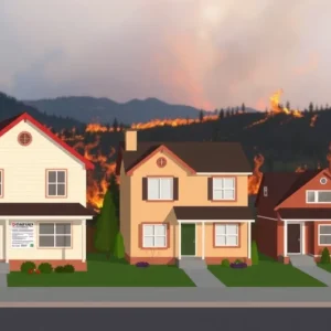 Graphic depiction of California home insurance challenges with homes and wildfire imagery.