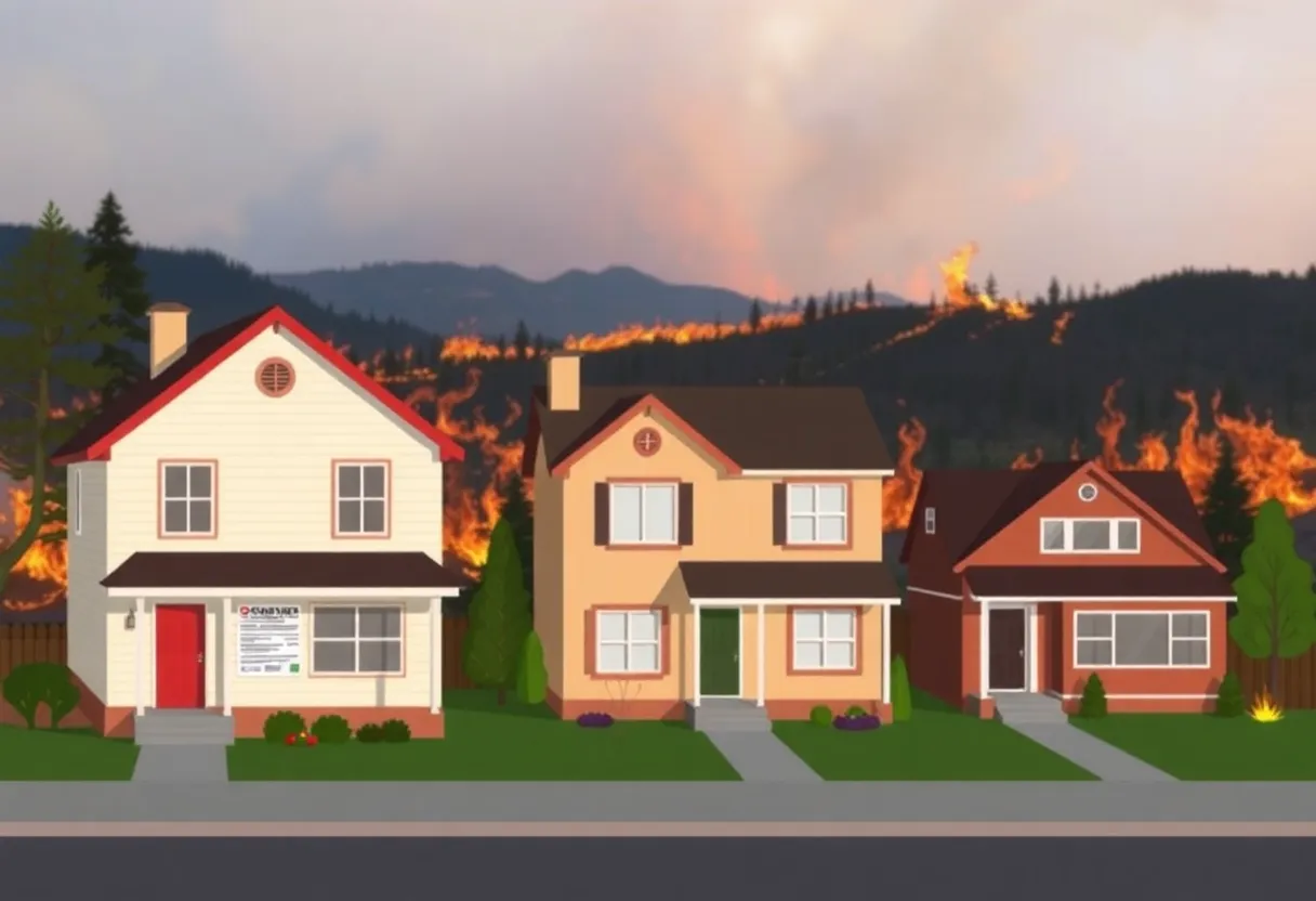 Graphic depiction of California home insurance challenges with homes and wildfire imagery.