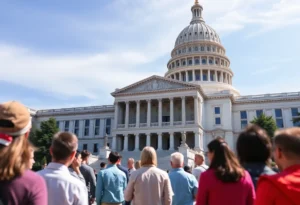 California state capitol building with people discussing gambling legislation