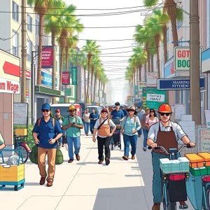 A diverse group of workers in California representing various sectors impacted by minimum wage increases.