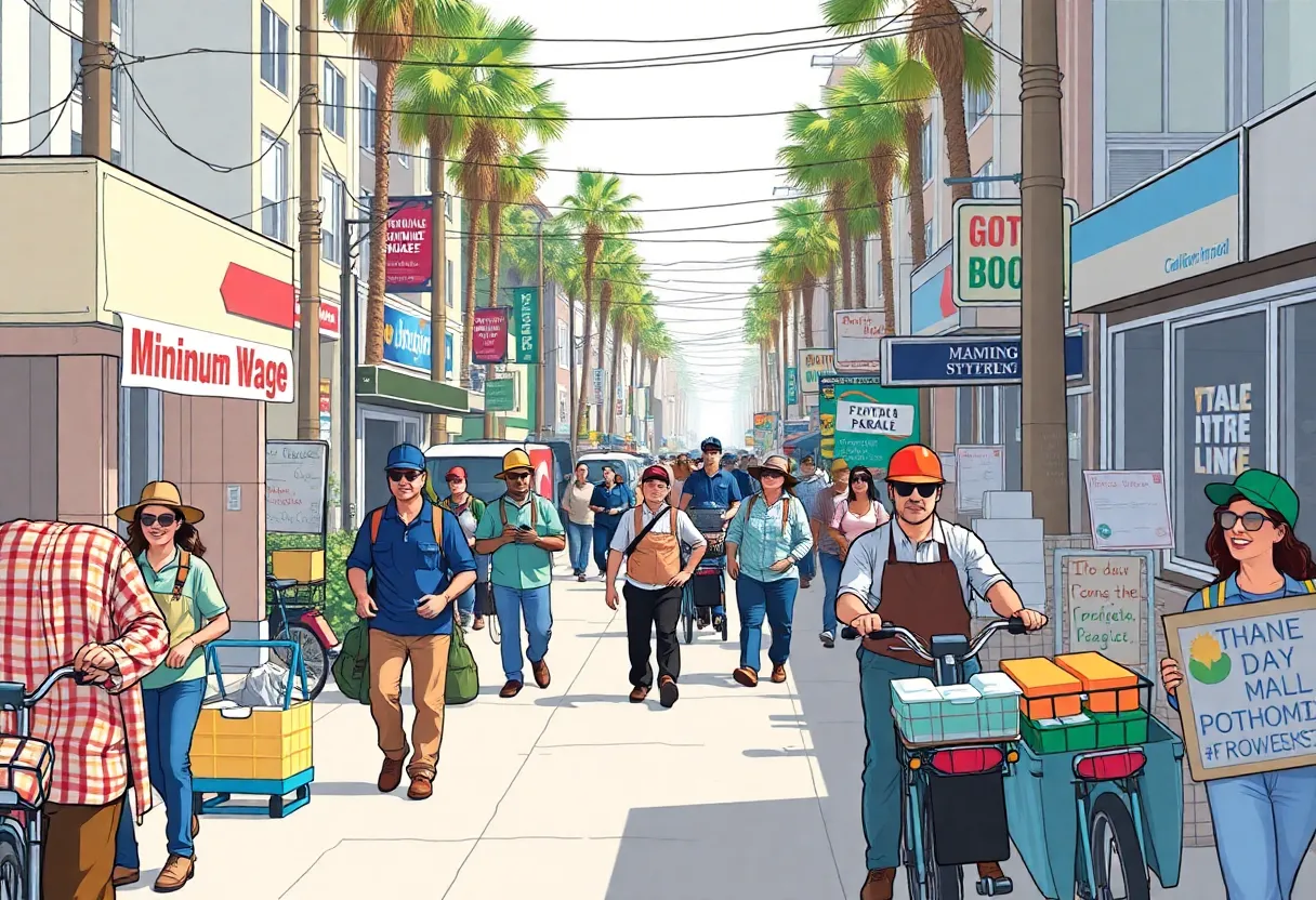 A diverse group of workers in California representing various sectors impacted by minimum wage increases.