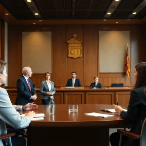 Legal team discussing bar exam reforms in a courtroom