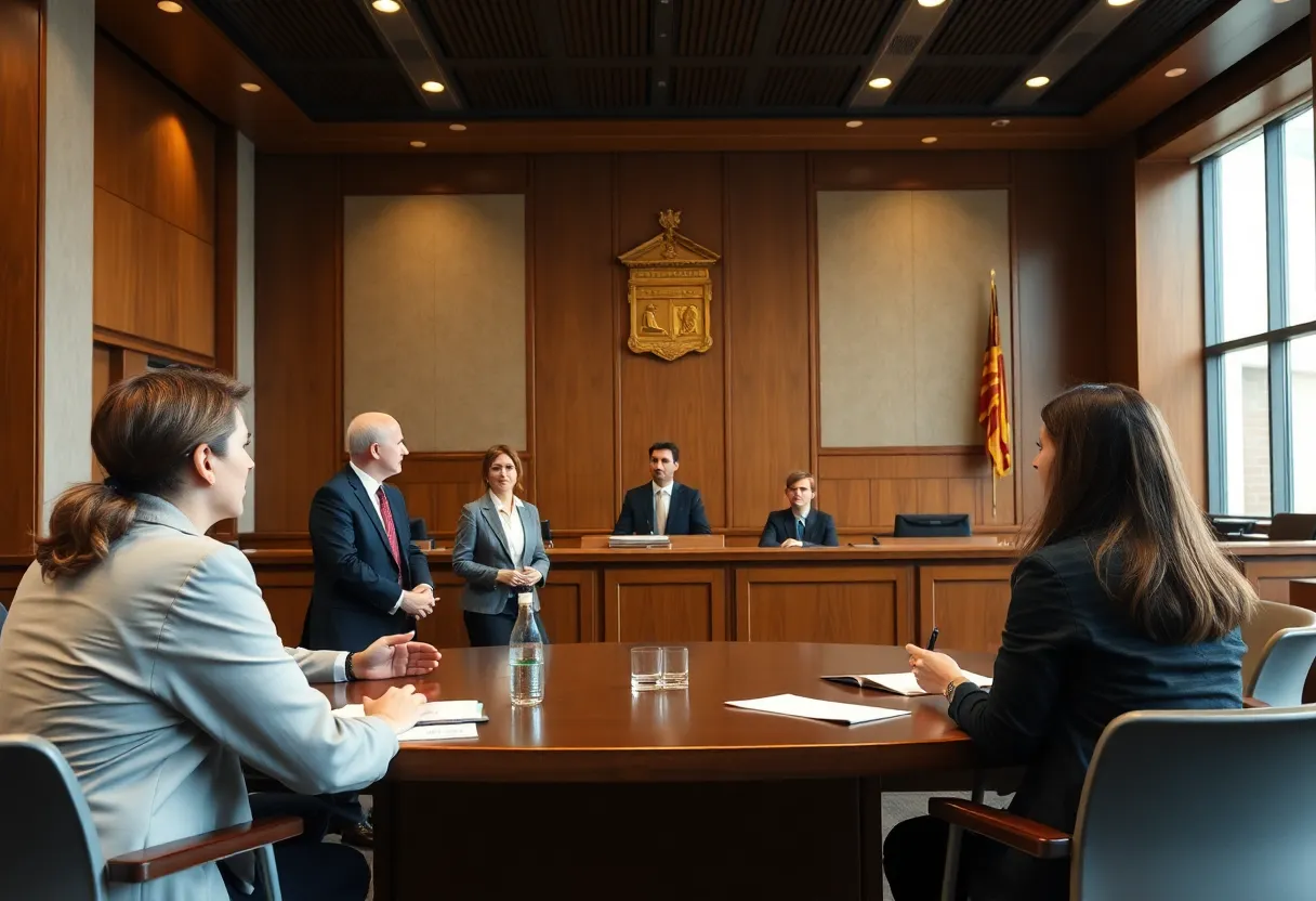 Legal team discussing bar exam reforms in a courtroom