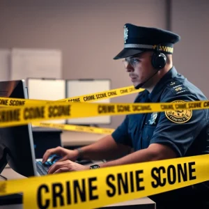 Police officer investigating child pornography case on computer